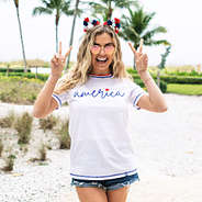 america ringer tee with denim shorts
