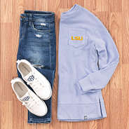 lsu terry sweatshirt in purple with jeans and sneakers