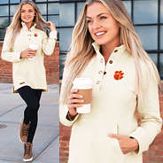 Clemson Tigers Monogrammed Waffle Pullover Sweatshirt in Ivory Upclose