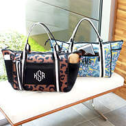 hickory leopard and blue fiesta leopard neoprene weekenders on bench