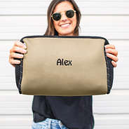 Girl Holding Tan Neoprene Cosmetic Case with Name