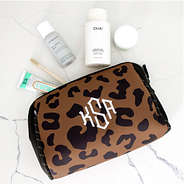 Monogrammed Neoprene Cosmetic Case in Hickory Leopard spill out