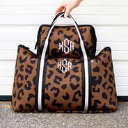 Monogrammed Neoprene Cosmetic Case in Hickory Leopard with matching carry on bag