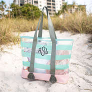 personalized clear tote in cabana stripes on beach