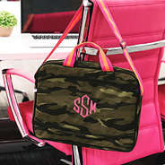 laptop bag in camo hanging on chair