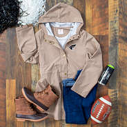 Anderson Raincoat in Khaki with wood background