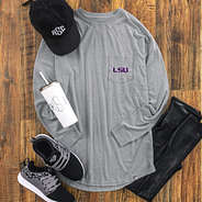 light gray lsu long sleeve shirt with leggings and sneakers