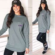 light gray long sleeve shirt with purple lsu logo on pocket