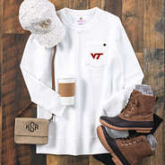 virginia tech quilted sweatshirt with duck boots and stadium approved crossbody