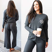 front and back view of waffle wide leg pants with monogrammed waffle crewneck in charcoal