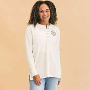 front of monogrammed ivory waffle henley tunic