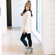 side of monogrammed ivory waffle henley tunic