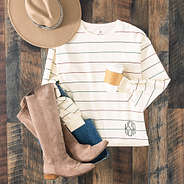 monogrammed autumn stripe puff sleeve sweatshirt flatlay