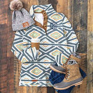 monogrammed blue denim aztec popover ootd with duck boots