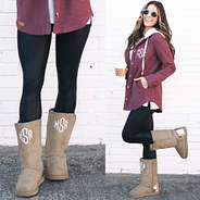 monogrammed sherpa booties in tan with pink glitter with shacket