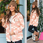 split image of monogrammed hooded aztec shacket