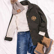 monogrammed faded green canvas shacket with grey duck boots