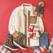 oatmeal monogrammed sherpa shacket with leopard duck boots