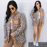 split image of brown leopard sherpa jacket