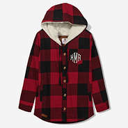 Monogrammed Hooded Sherpa Shacket in Crimson Buffalo Plaid