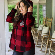 hooded sherpa shacket in buffalo plaid