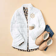 white puffer monogrammed jacket outfit
