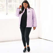 side of lavender lilac puffer jacket with leggings