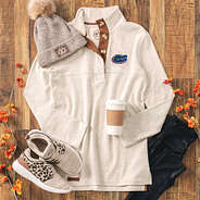oatmeal florida popover with beanie and sneakers