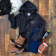 florida rain jacket in black with wood background