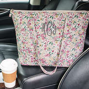 fall botanical quilted tote in car