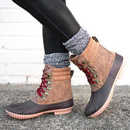 side view of monogrammed holiday red duck boots