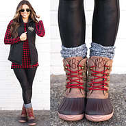 split outfit image of monogrammed holiday red duck boots