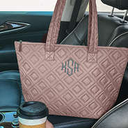 Monogrammed Quilted Tote in Dove in car with coffee