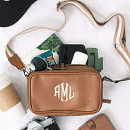 brown leather monogram camera crossbody bag with tan stripe strap