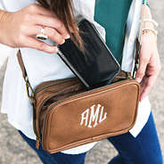 monogrammed leather brown crossbody camera bag with phone