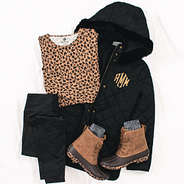 black monogrammed winter coat ootd with leopard layering tunic