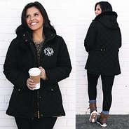 monogrammed black puffer winter coat front and back