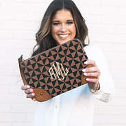 monogrammed vintage clutch in black and brown checkers up close