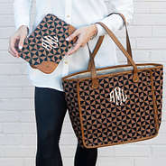 monogrammed vintage clutch in black and brown checkers with matching tote