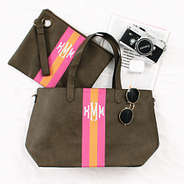monogrammed striped spencer tote bag in dark olive with matching wristlet