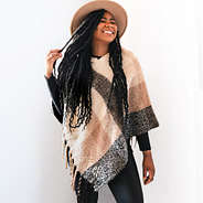 Monogrammed Plaid Poncho in Black Tan Ivory Plaid