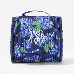 Monogrammed Quilted Hanging Toiletry Bag in Blue Hydrangea