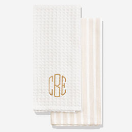 monogrammed dish towel set in khaki