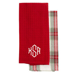 monogrammed dish towel set in holiday plaid