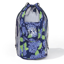 Monogrammed Packable Dirty Clothes Bag in blue hydrangea