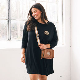 black monogrammed dolman sleeve dress with bag