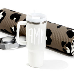 white monogrammed travel tumbler with leopard yoga mat