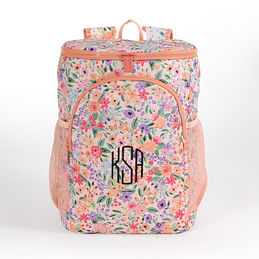 monogrammed backpack cooler in coral floral