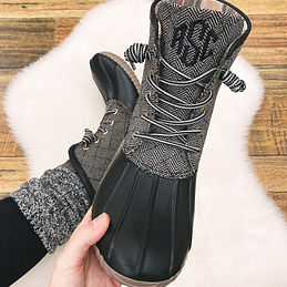 gray and black duck boots