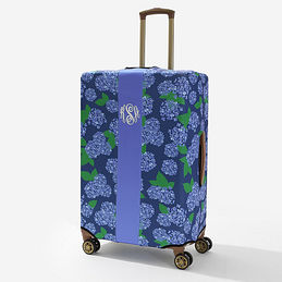 monogrammed luggage cover in blue hydrangea